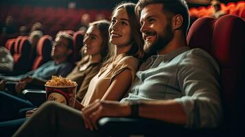 feliz jovem casal sentado às a cinema e goza assistindo a filme. conceito do lazer e entretenimento. generativo ai foto