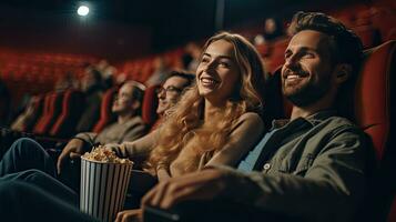 feliz jovem casal sentado às a cinema e goza assistindo a filme. conceito do lazer e entretenimento. generativo ai foto