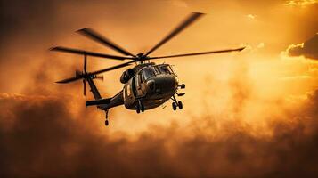 militares comando helicóptero gotas durante pôr do sol. generativo ai foto