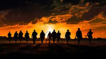 silhuetas do militares em a campo de batalha às pôr do sol. generativo ai foto
