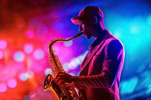 uma homem jogando saxofone em estágio. música conceito. generativo ai foto