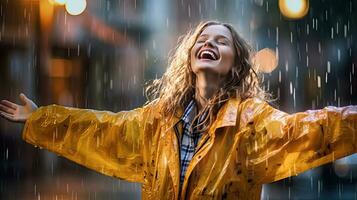 alegre mulher dançando dentro a rua dentro chuva casaco. generativo ai foto