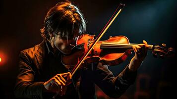 violino jogador em Preto fundo, musical conceito. generativo ai foto