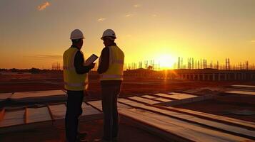 estrutural engenheiro e capataz trabalhador com toque almofada discutir, plano trabalhando para a ao ar livre construção construção local. real Estado o negócio conceito. generativo ai foto