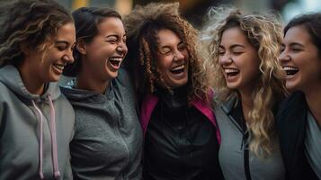 grupo do jovem mulheres rindo Felizmente, vestido dentro roupa de esporte. Esportes, ginástica e amizade. generativo ai foto