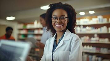 retrato do sorridente africano médico mulher trabalhando dentro farmácia com digital tábua. generativo ai foto