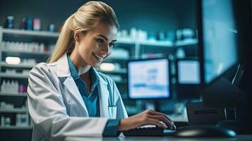 retrato do sorridente jovem fêmea farmacêutico segurando medicação enquanto usando computador às farmacia contador. generativo ai foto