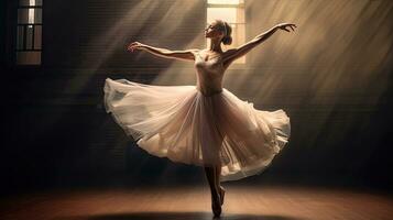 uma gracioso bailarina realizando a elegante dança em estágio. generativo ai foto