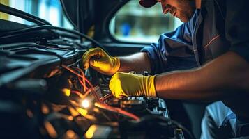 uma técnico Verifica a elétrico sistema dentro a carro. carro mecânico trabalhando reparar dentro auto reparar serviço elétrico bateria e manutenção do carro bateria. generativo ai foto