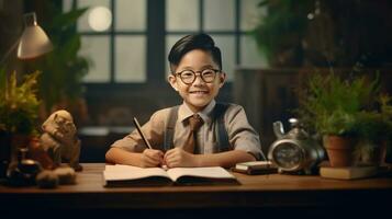 sorridente ásia criança escola Garoto fazendo dever de casa enquanto sentado às escrivaninha às lar. generativo ai foto