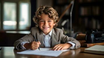 sorridente criança escola Garoto fazendo dever de casa enquanto sentado às escrivaninha às lar. generativo ai foto