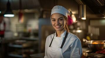 retrato do uma sorridente fêmea chefe de cozinha dentro a cozinha. generativo ai foto