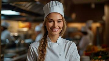 retrato do uma sorridente fêmea chefe de cozinha dentro a cozinha. generativo ai foto