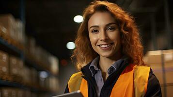 retrato do uma sorridente mulher com uma tábua para verificação bens. logística e o negócio exportação conceito. generativo ai foto