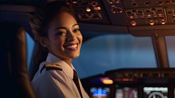 uma sorridente lindo mulher trabalhando Como voar atendente. fêmea avião comissária de bordo. generativo ai foto