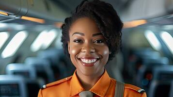 africano americano mulher sorridente Como voar atendente. fêmea avião comissária de bordo. generativo ai foto