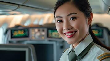 sorridente do ásia fêmea avião comissária de bordo interior do passageiro avião. generativo ai foto