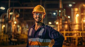 uma feliz jovem homem petroquímico engenheiro trabalhando às noite dentro óleo e gás refinaria plantar fábrica. generativo ai foto