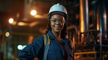 africano americano jovem mulher petroquímico engenheiro trabalhando às noite dentro óleo e gás refinaria plantar fábrica. generativo ai foto