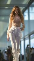 moda mostrar lindo jovem mulher modelo caminhando em pista. generativo ai foto