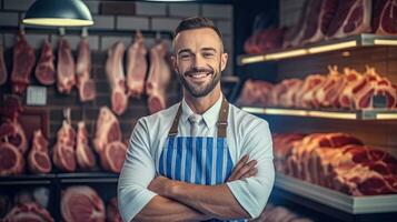 retrato do uma feliz jovem masculino açougueiro em pé com braços cruzado dentro moderno carne fazer compras. generativo ai foto