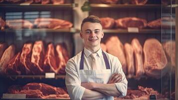 retrato do uma feliz jovem masculino açougueiro em pé com braços cruzado dentro moderno carne fazer compras. generativo ai foto