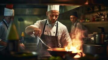 uma chefe de cozinha cozinhando dentro uma restaurante cozinha. generativo ai foto