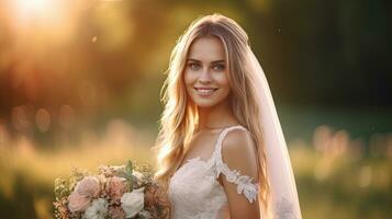 retrato do feliz lindo noiva dentro a Casamento dia. generativo ai foto