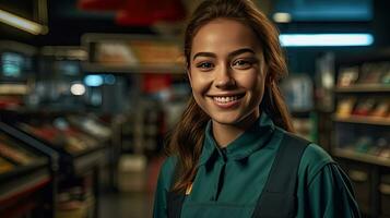 retrato do sorridente jovem fêmea supermercado trabalhador. generativo ai foto