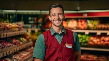 retrato do sorridente jovem masculino supermercado trabalhador. generativo ai foto