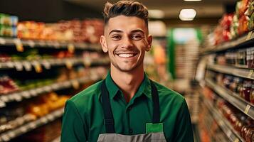 retrato do sorridente jovem masculino supermercado trabalhador. generativo ai foto