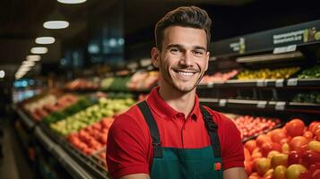 retrato do sorridente jovem masculino supermercado trabalhador. generativo ai foto