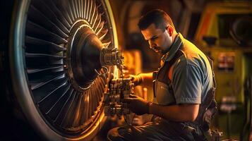 aeronave técnico, engenheiro é vestindo a laranja sinal colete reparação uma turbina. generativo ai foto