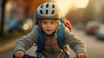 uma criança Garoto dentro bicicleta capacete equitação uma bicicleta para a primeiro tempo. segurança capacete. generativo ai foto