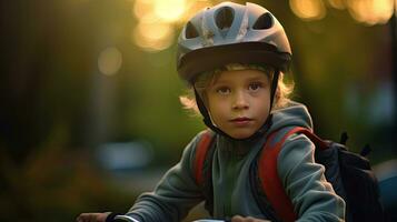 uma criança Garoto dentro bicicleta capacete equitação uma bicicleta para a primeiro tempo. segurança capacete. generativo ai foto