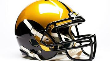 lado Visão do uma amarelo Preto americano futebol capacete isolado em branco fundo. futebol capacete. generativo ai foto
