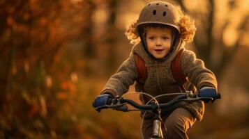 uma criança Garoto dentro bicicleta capacete equitação uma bicicleta para a primeiro tempo. segurança capacete. generativo ai foto