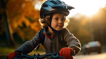 uma criança Garoto dentro bicicleta capacete equitação uma bicicleta para a primeiro tempo. segurança capacete. generativo ai foto