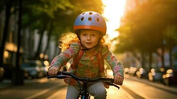 uma fofa pequeno menina dentro bicicleta capacete tendo Diversão de equitação bicicleta. fofa criança dentro segurança capacete ciclismo ao ar livre. generativo ai foto