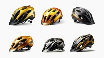 bicicleta capacete dentro vários maneiras em branco fundo. segurança capacete. generativo ai foto