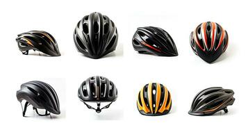bicicleta capacete dentro vários maneiras em branco fundo. segurança capacete. generativo ai foto