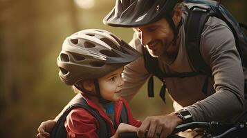 pai ajudando alegre filho vestindo bicicleta capacete para ciclo. animado pequeno Garoto obtendo pronto de vestindo bicicleta capacete para começar ciclismo. segurança capacete. generativo ai foto