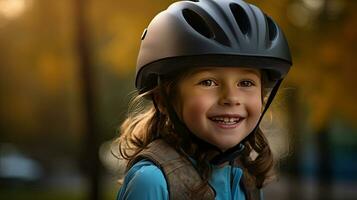 feliz retrato do uma jovem menina com uma bicicleta capacete em jogando fora. generativo ai foto