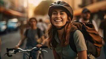feliz mulher vestindo bicicleta capacete com bicicleta em rua. generativo ai foto