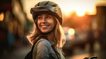 feliz mulher vestindo bicicleta capacete com bicicleta em rua. generativo ai foto