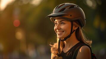 feliz jovem mulher vestindo bicicleta capacete dentro parque. generativo ai foto