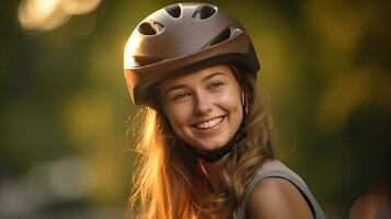 feliz jovem mulher vestindo bicicleta capacete dentro parque. generativo ai foto