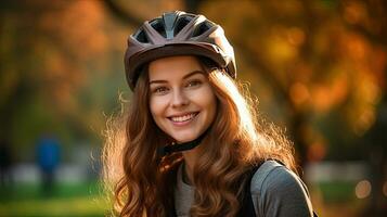 feliz jovem mulher vestindo bicicleta capacete dentro parque. generativo ai foto