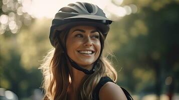 feliz jovem mulher vestindo bicicleta capacete dentro parque. generativo ai foto