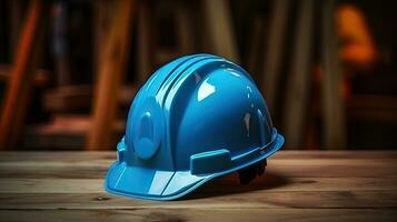 uma azul segurança capacete ou capacete de segurança para a construção trabalhador que é colocada às construção trabalhando local. generativo ai foto